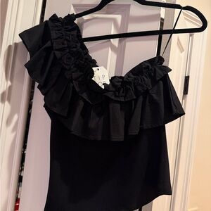 TCEC Black Ruffled Asymmetrical Blouse